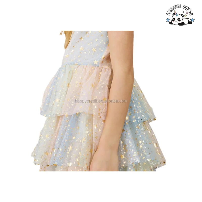 LEZONKIDS - 2024 OEM ODM Gold Star Foil Print Rainbow Bow High Collar Elegant Layers Girls Tulle Dress